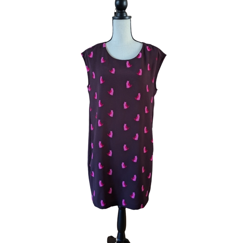 Ann Taylor Loft Womens Maroon Pink Cat Print Shift Dress Size M
